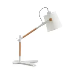 Biała lampa biurkowa z drewnianymi wstawkami