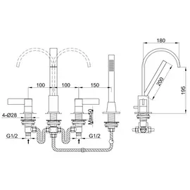 Kohlman dexame bateria wannowa 4-otworowa z obrotową wylewką chrom qb240d