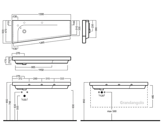 Hatria Grandangolo 130x50cm Umywalka Podwieszana Trapezowa prawa