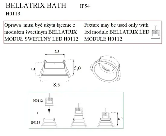 MAXLIGHT Bellatrix H0113 Oprawa wpustowa Bath biała IP54 do modułu świetlnego Bellatrix DARMOWA WYSYŁKA W 24h