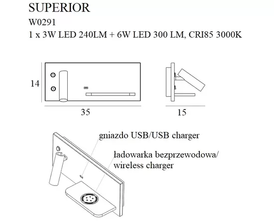 MAXLIGHT Superior W0291 kinkiet z gniazdem USB i ładowarką indukcyjną biały DARMOWA WYSYŁKA W 24h