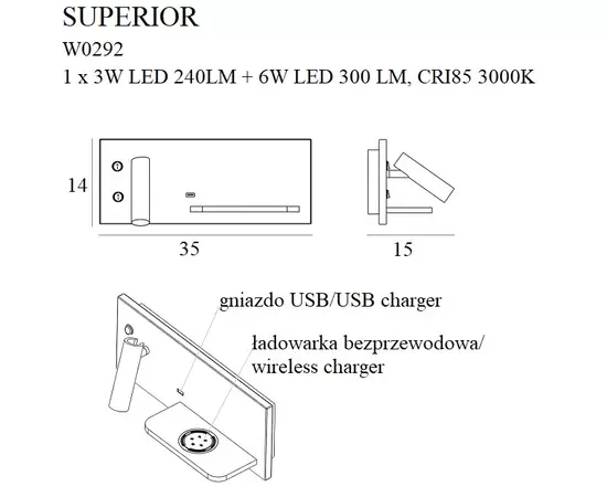 MAXLIGHT Superior W0291 kinkiet z gniazdem USB i ładowarką indukcyjną czarny DARMOWA WYSYŁKA W 24h