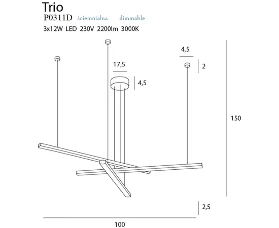 Maxlight Trio 3 P0311D Lampa Wisząca Ściemnialna