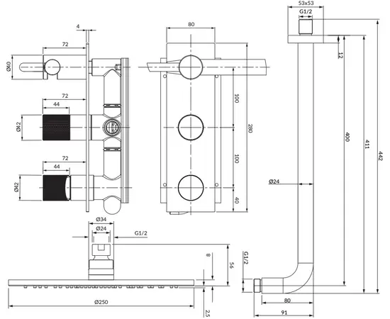 Omnires Contour Zestaw Prysznicowy Podtynkowy Złoto Szczotkowane SYSCT10GLB