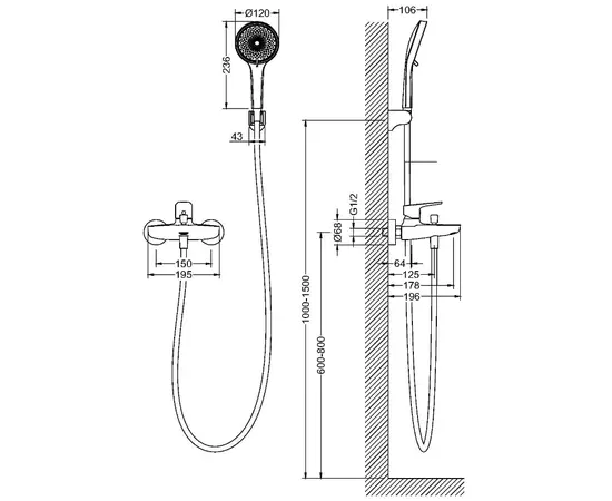 Mobi nature black bateria wannowa z słuchawką prysznicową i wężem czarny mat ntzw3034bm