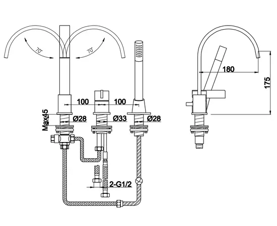 Kohlman dexame bateria wannowa 3-otworowa z obrotową wylewką chrom qb241d
