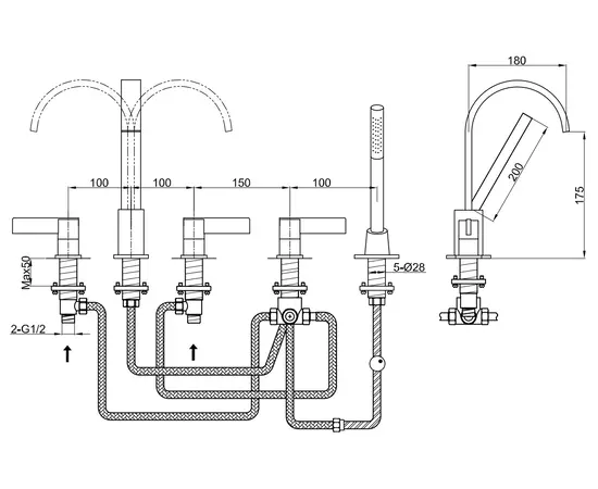 Kohlman dexame bateria wannowa 5-otworowa z obrotową wylewką chrom qb242d