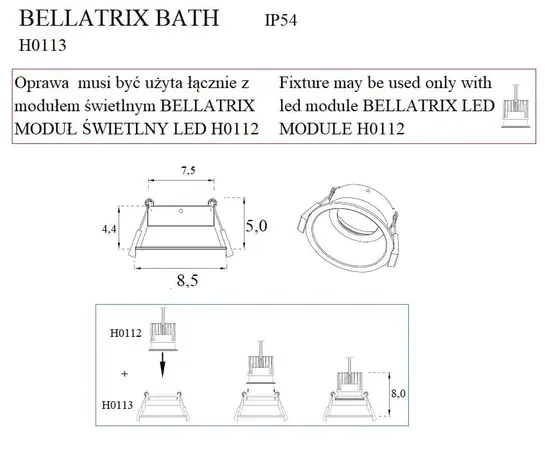 Bellatrix  h0113 oprawa wpustowa bath biała ip54- bez modułu świetlnego led h0112